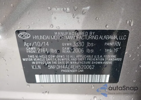 2014 Hyundai Elantra Se z USA, uszkodzony, nr VIN 5NPDH4AE4EH520062